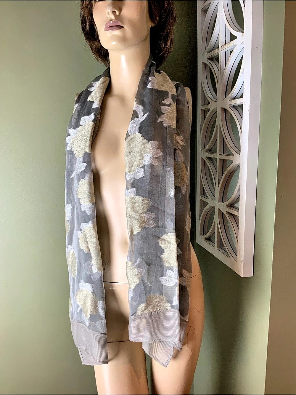Giorgio Armani Floral Sheer Scarf in Gray & Gold Like New